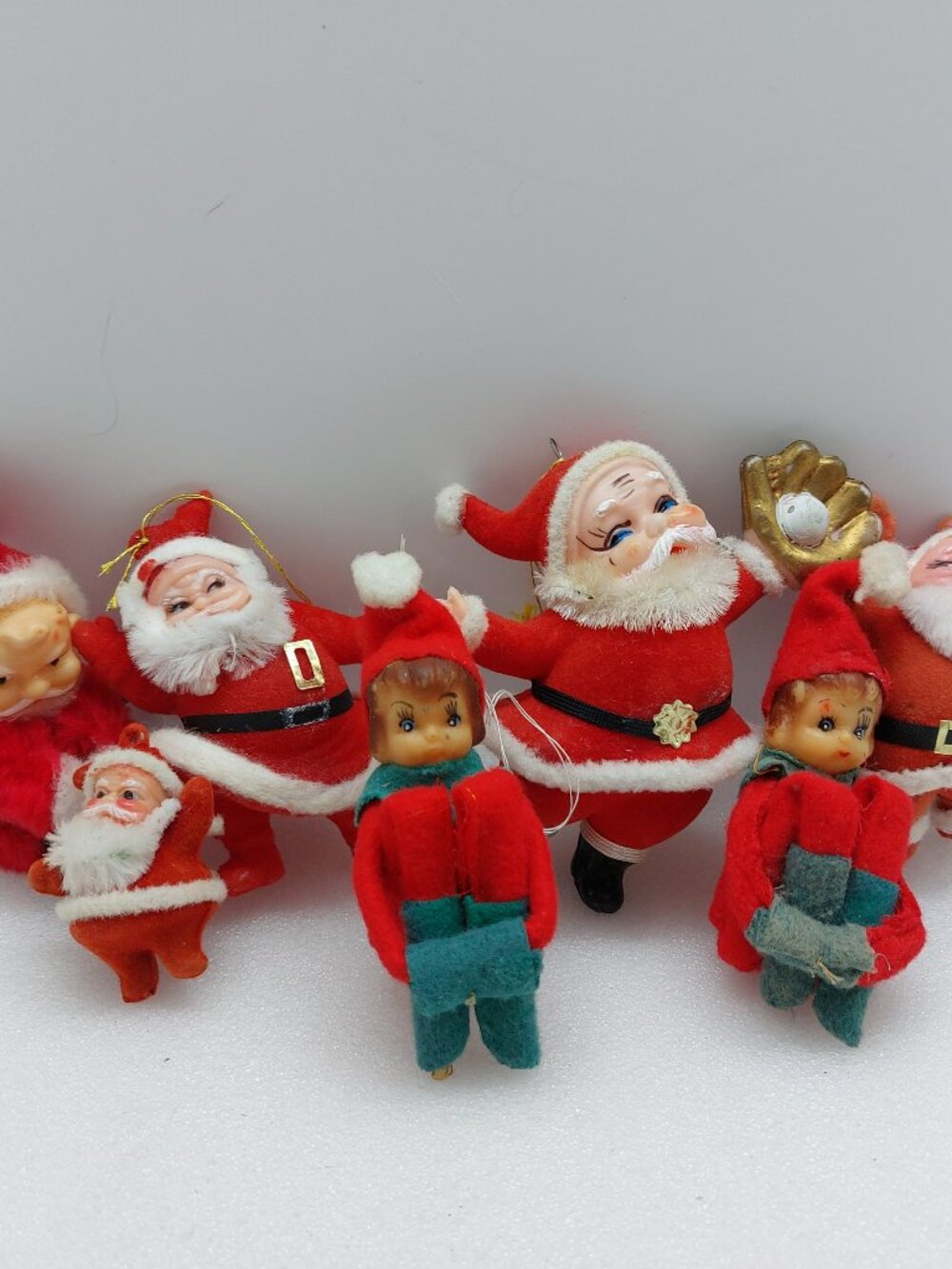 Vintage Lot Of Flocked 4 Santa's, 1 Clip Hugger Santa & 2 Small Pixie Elf's